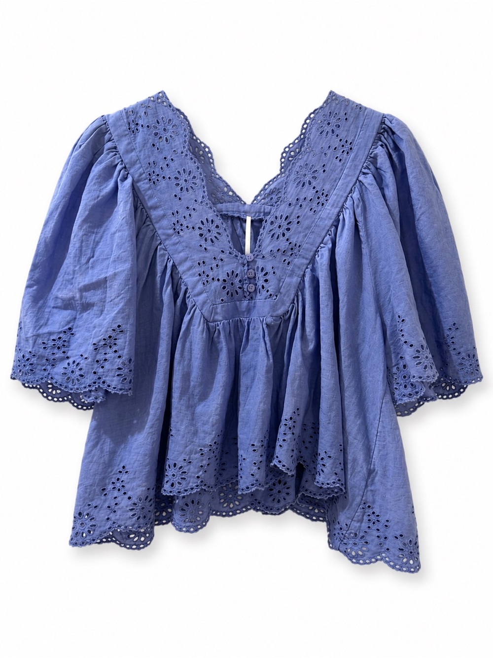 Free People Costa Eyelet Top Periwinkle Cotton Puff Sleeve Boho Blouse M - Picture 3 of 9